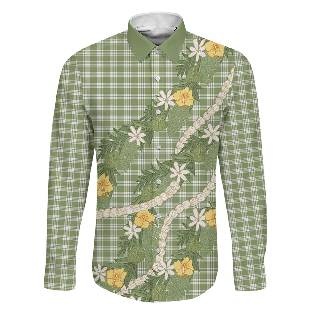 Aloha Puakenikeni Anthurium Pikake Lei Family Matching Off Shoulder Short Dress and Hawaiian Shirt Green Hawaiian Palaka Pattern
