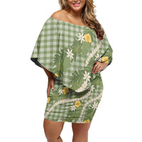 Aloha Puakenikeni Anthurium Pikake Lei Family Matching Off Shoulder Short Dress and Hawaiian Shirt Green Hawaiian Palaka Pattern