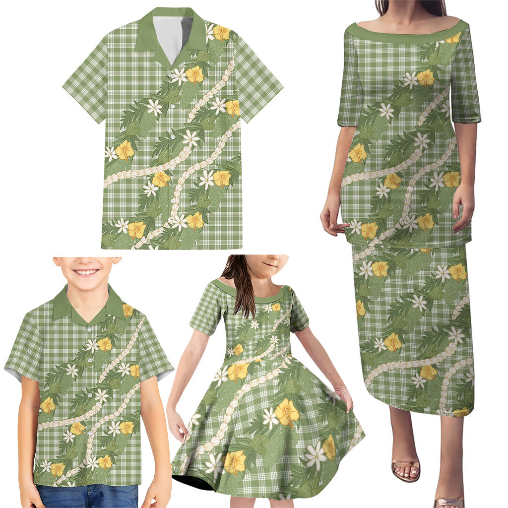 Aloha Puakenikeni Anthurium Pikake Lei Family Matching Puletasi and Hawaiian Shirt Green Hawaiian Palaka Pattern