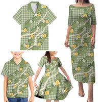 Aloha Puakenikeni Anthurium Pikake Lei Family Matching Puletasi and Hawaiian Shirt Green Hawaiian Palaka Pattern