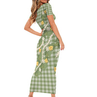 Aloha Puakenikeni Anthurium Pikake Lei Family Matching Short Sleeve Bodycon Dress and Hawaiian Shirt Green Hawaiian Palaka Pattern