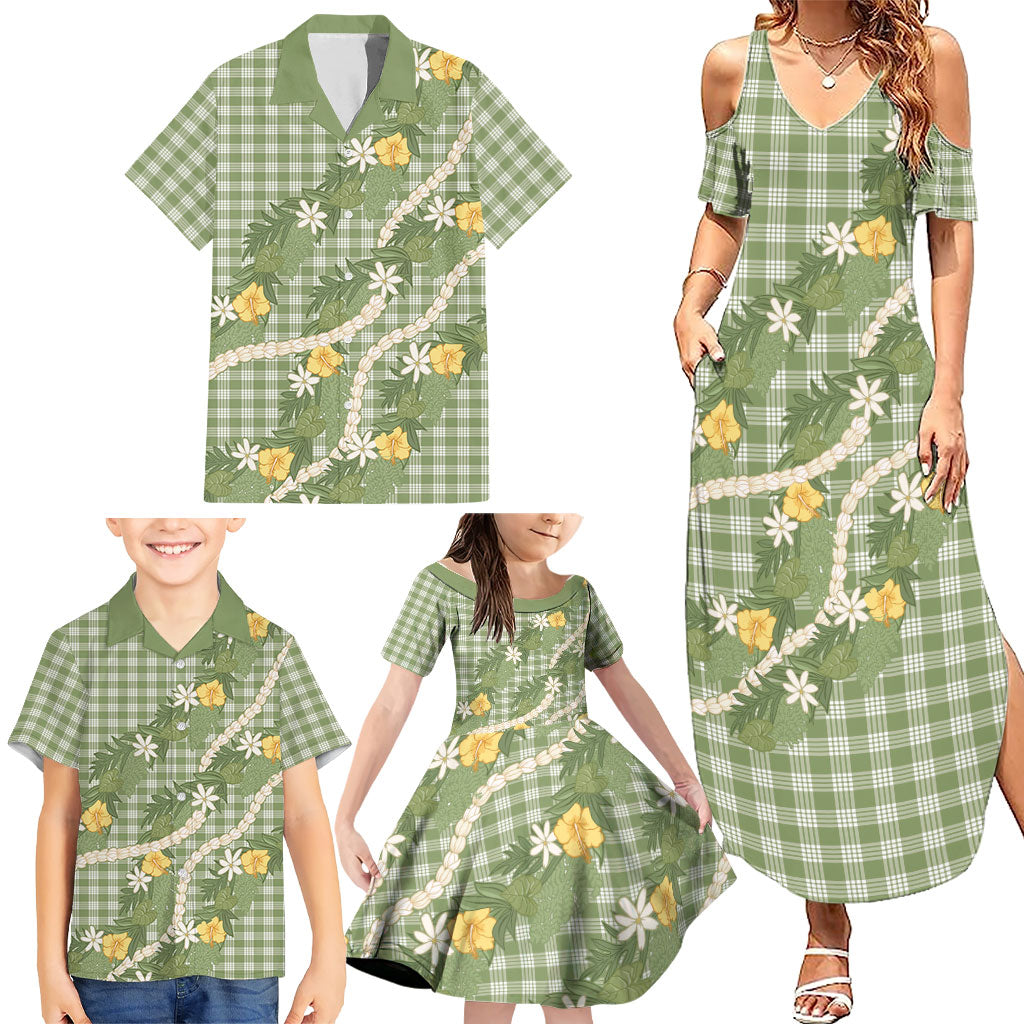 Aloha Puakenikeni Anthurium Pikake Lei Family Matching Summer Maxi Dress and Hawaiian Shirt Green Hawaiian Palaka Pattern