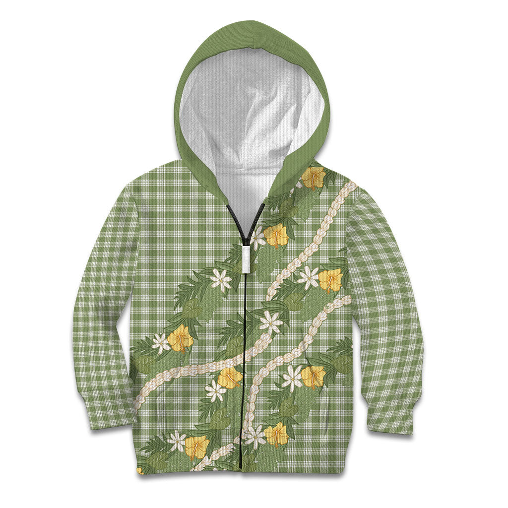 Aloha Puakenikeni Anthurium Pikake Lei Kid Hoodie Green Hawaiian Palaka Pattern