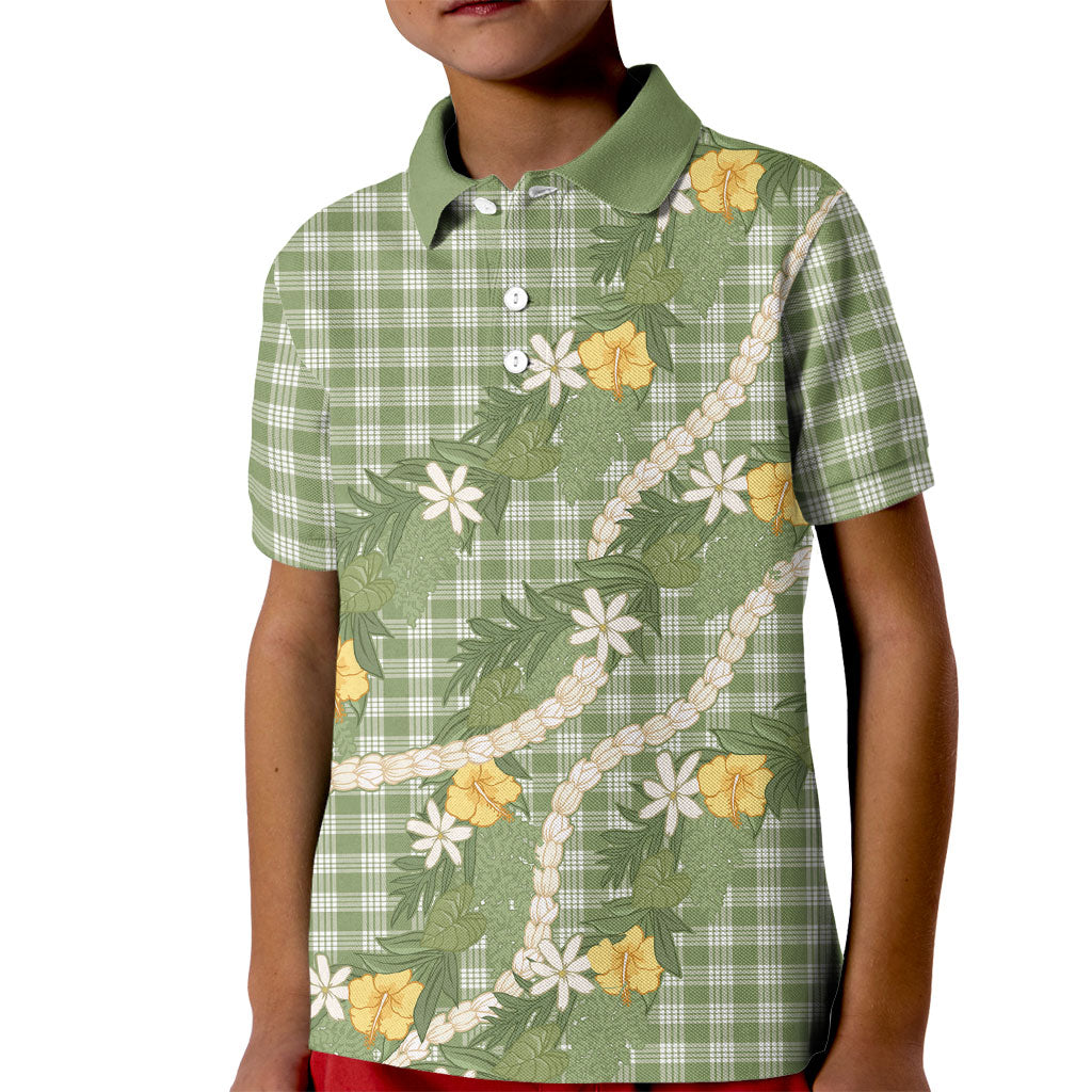 Aloha Puakenikeni Anthurium Pikake Lei Kid Polo Shirt Green Hawaiian Palaka Pattern