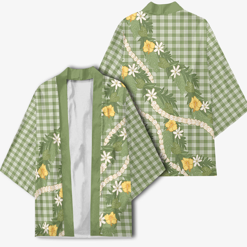 Aloha Puakenikeni Anthurium Pikake Lei Kimono Green Hawaiian Palaka Pattern