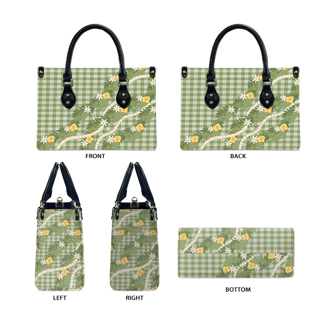 Aloha Puakenikeni Anthurium Pikake Lei Leather Bag Green Hawaiian Palaka Pattern LT9 - Polynesian Pride