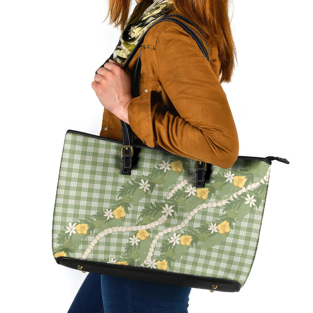 Aloha Puakenikeni Anthurium Pikake Lei Leather Tote Bag Green Hawaiian Palaka Pattern