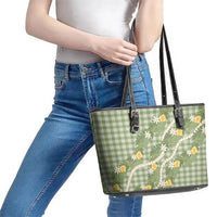 Aloha Puakenikeni Anthurium Pikake Lei Leather Tote Bag Green Hawaiian Palaka Pattern
