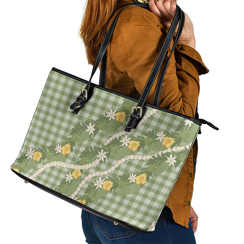 Aloha Puakenikeni Anthurium Pikake Lei Leather Tote Bag Green Hawaiian Palaka Pattern