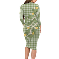 Aloha Puakenikeni Anthurium Pikake Lei Long Sleeve Bodycon Dress Green Hawaiian Palaka Pattern