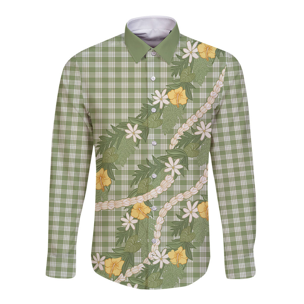 Aloha Puakenikeni Anthurium Pikake Lei Long Sleeve Button Shirt Green Hawaiian Palaka Pattern