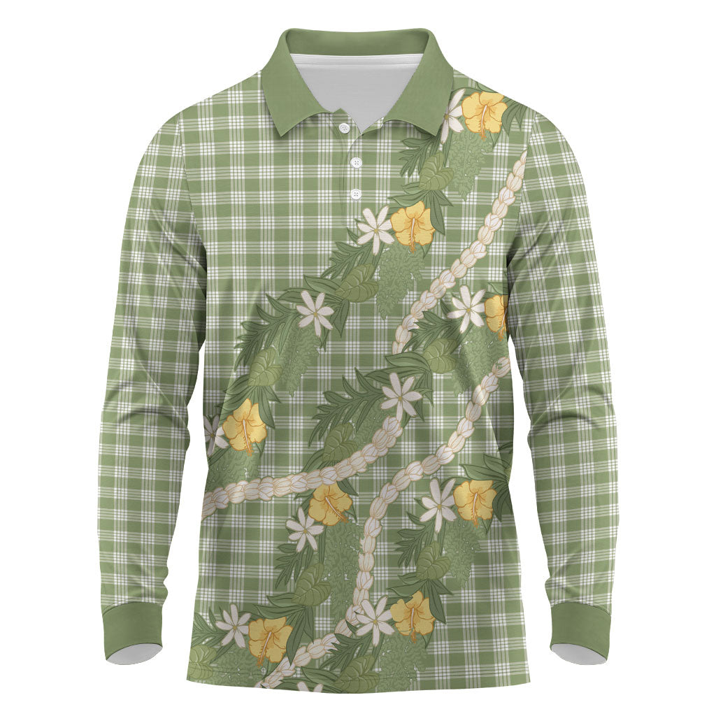 Aloha Puakenikeni Anthurium Pikake Lei Long Sleeve Polo Shirt Green Hawaiian Palaka Pattern