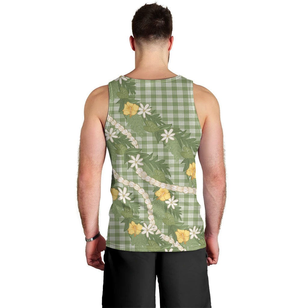 Aloha Puakenikeni Anthurium Pikake Lei Men Tank Top Green Hawaiian Palaka Pattern