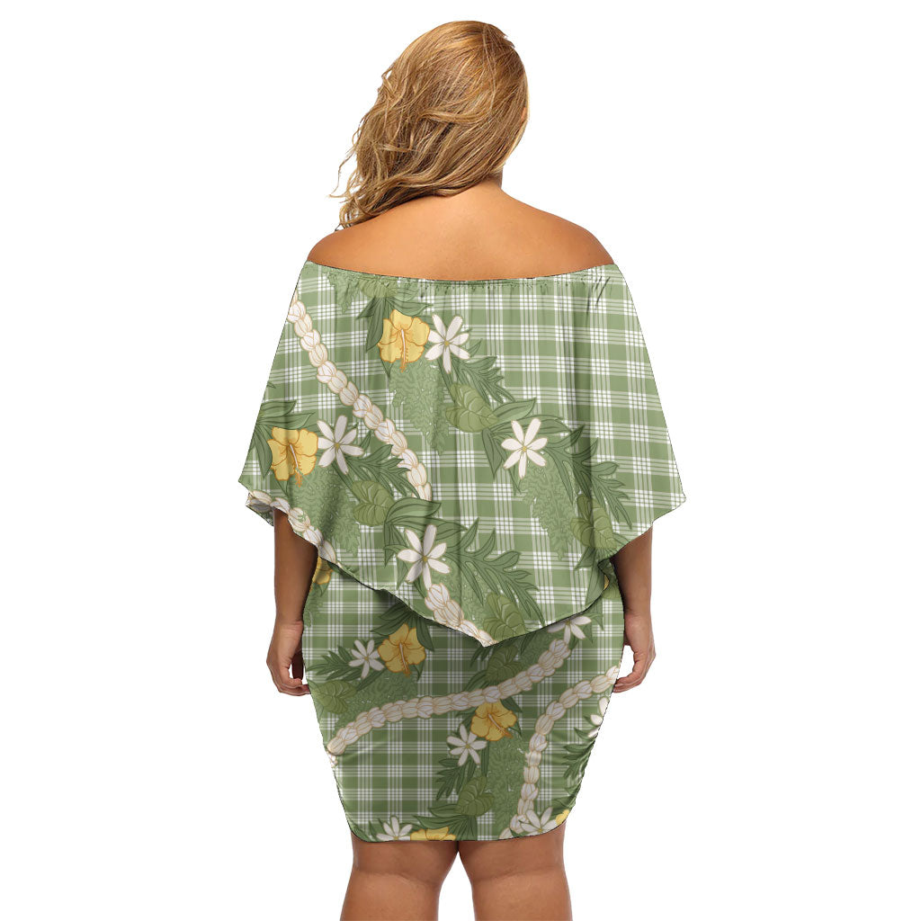 Aloha Puakenikeni Anthurium Pikake Lei Off Shoulder Short Dress Green Hawaiian Palaka Pattern