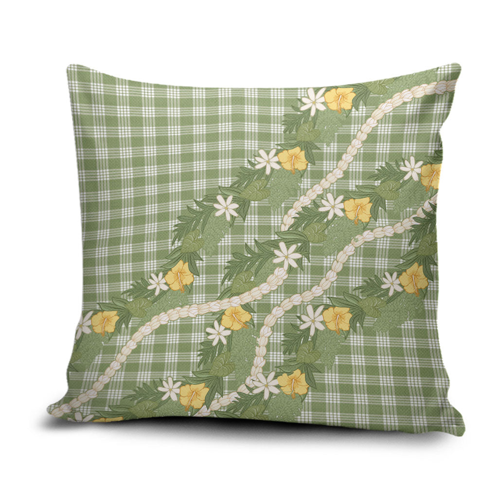 Aloha Puakenikeni Anthurium Pikake Lei Pillow Cover Green Hawaiian Palaka Pattern