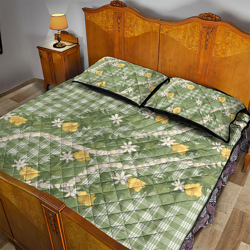 Aloha Puakenikeni Anthurium Pikake Lei Quilt Bed Set Green Hawaiian Palaka Pattern
