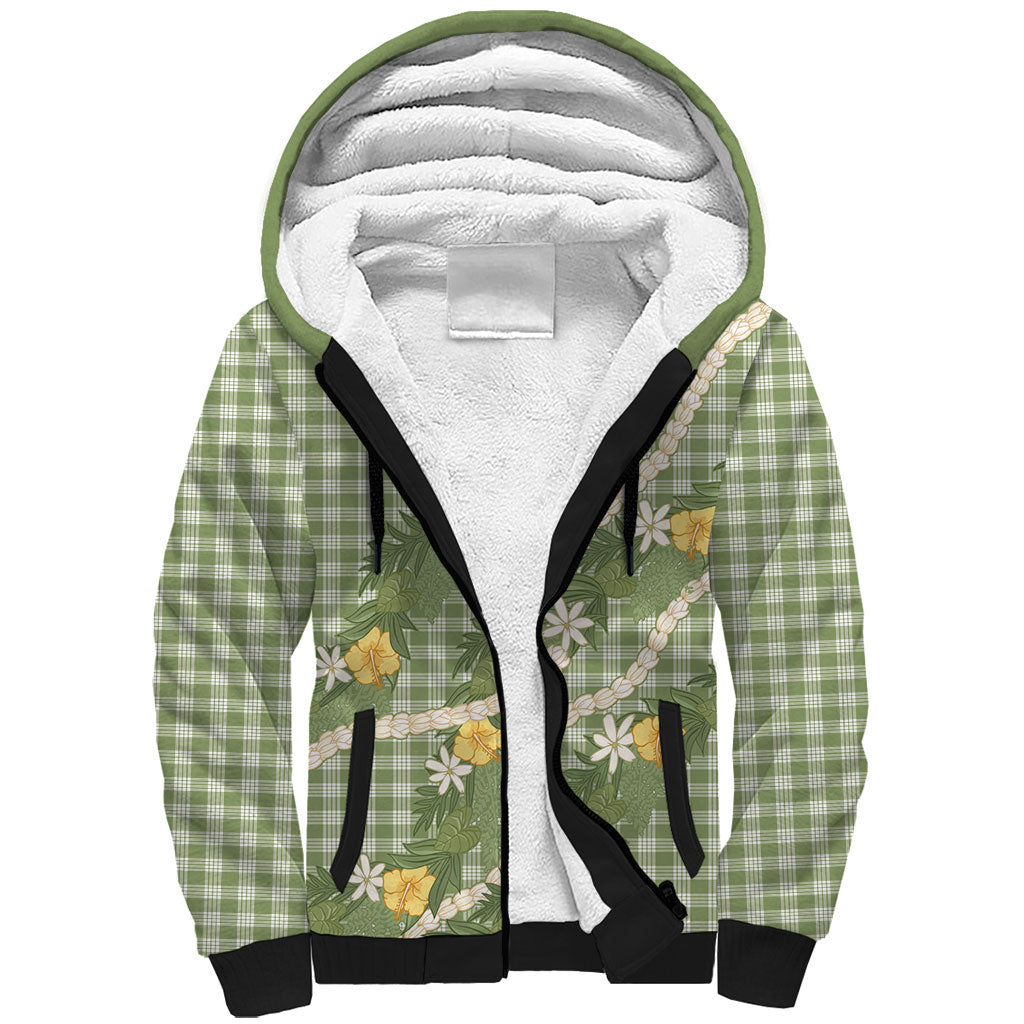 Aloha Puakenikeni Anthurium Pikake Lei Sherpa Hoodie Green Hawaiian Palaka Pattern LT9 Unisex Green - Polynesian Pride