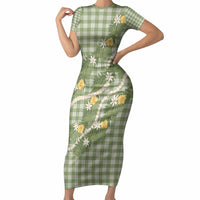 Aloha Puakenikeni Anthurium Pikake Lei Short Sleeve Bodycon Dress Green Hawaiian Palaka Pattern LT9 Long Dress Green - Polynesian Pride