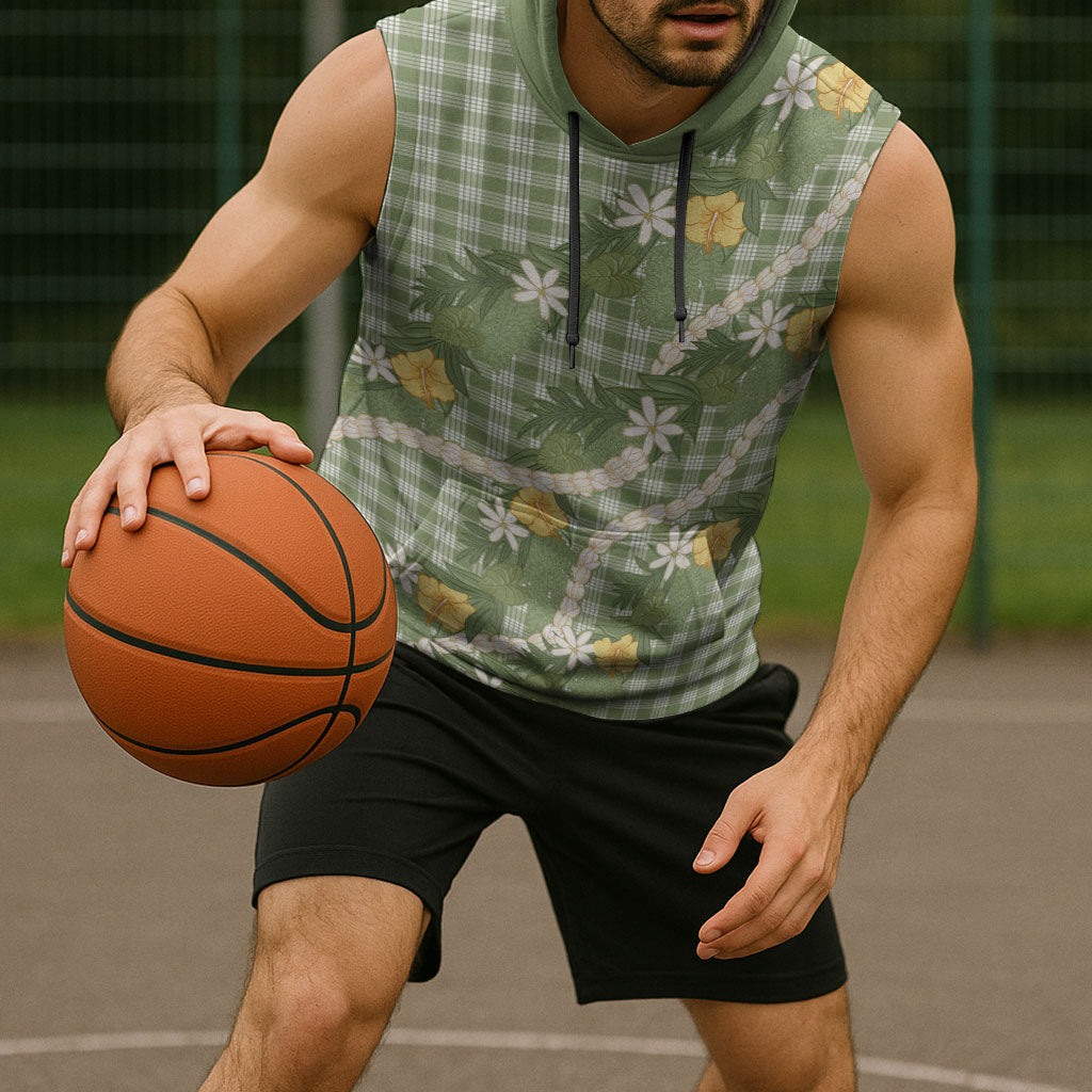 Aloha Puakenikeni Anthurium Pikake Lei Sleeveless Hoodie Green Hawaiian Palaka Pattern LT9 - Polynesian Pride