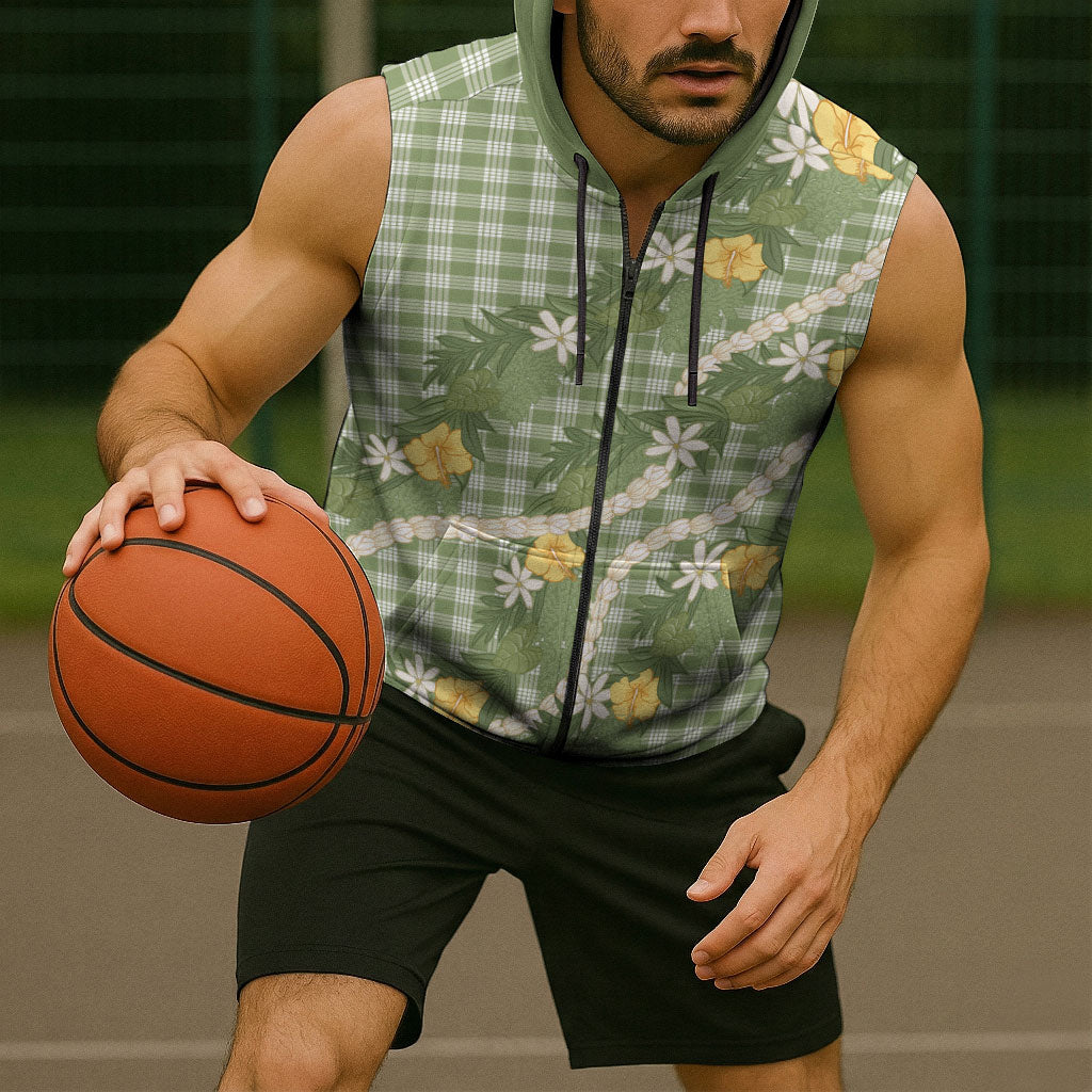 Aloha Puakenikeni Anthurium Pikake Lei Sleeveless Zip Hoodie Green Hawaiian Palaka Pattern