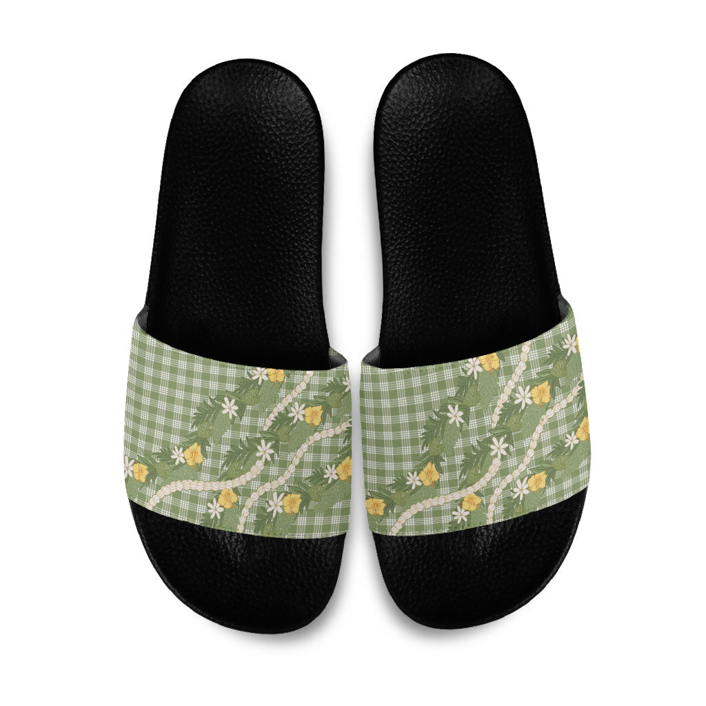 Aloha Puakenikeni Anthurium Pikake Lei Slide Sandals Green Hawaiian Palaka Pattern
