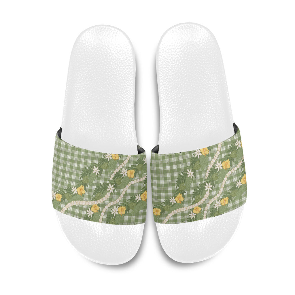 Aloha Puakenikeni Anthurium Pikake Lei Slide Sandals Green Hawaiian Palaka Pattern
