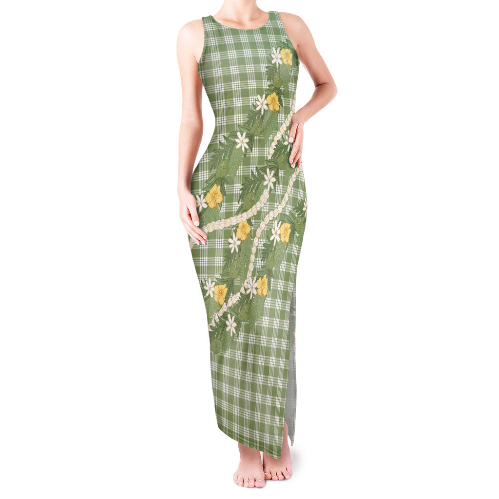 Aloha Puakenikeni Anthurium Pikake Lei Tank Maxi Dress Green Hawaiian Palaka Pattern