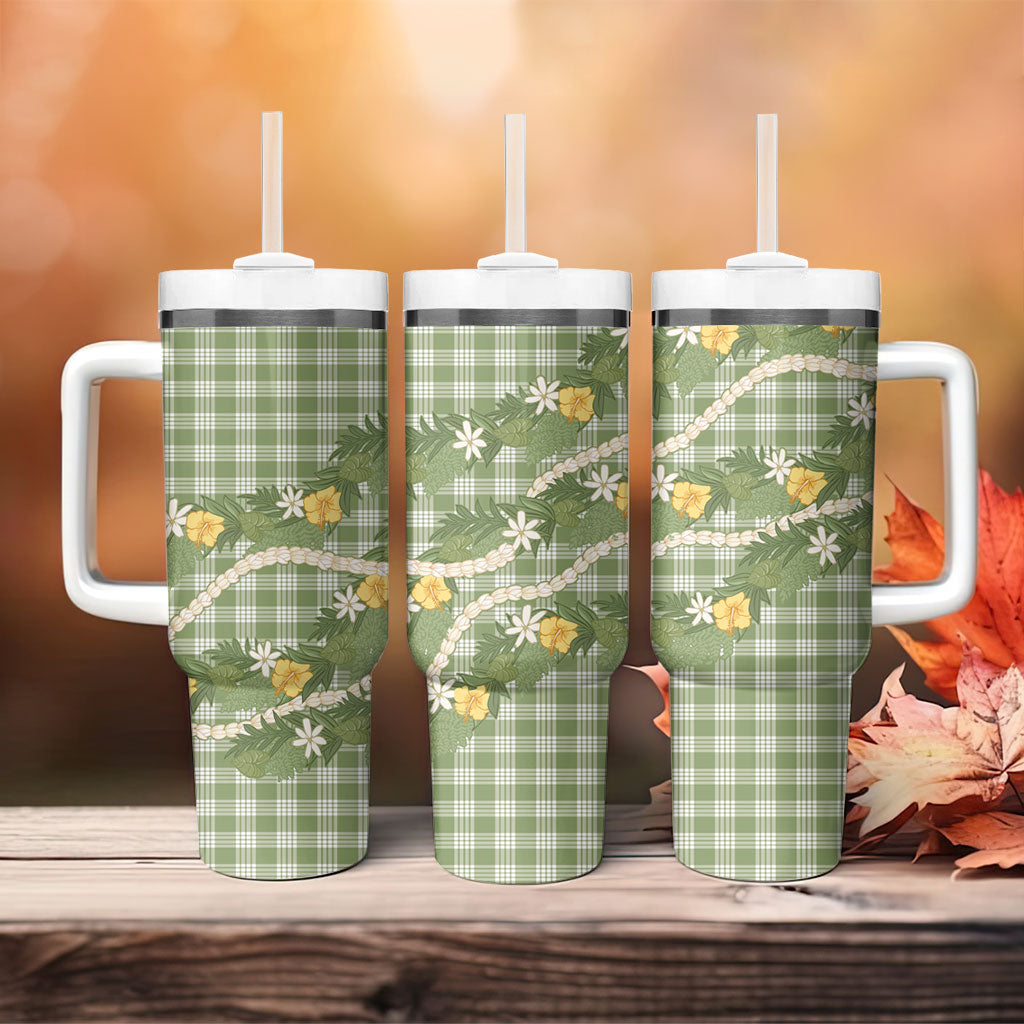 Aloha Puakenikeni Anthurium Pikake Lei Tumbler With Handle Green Hawaiian Palaka Pattern