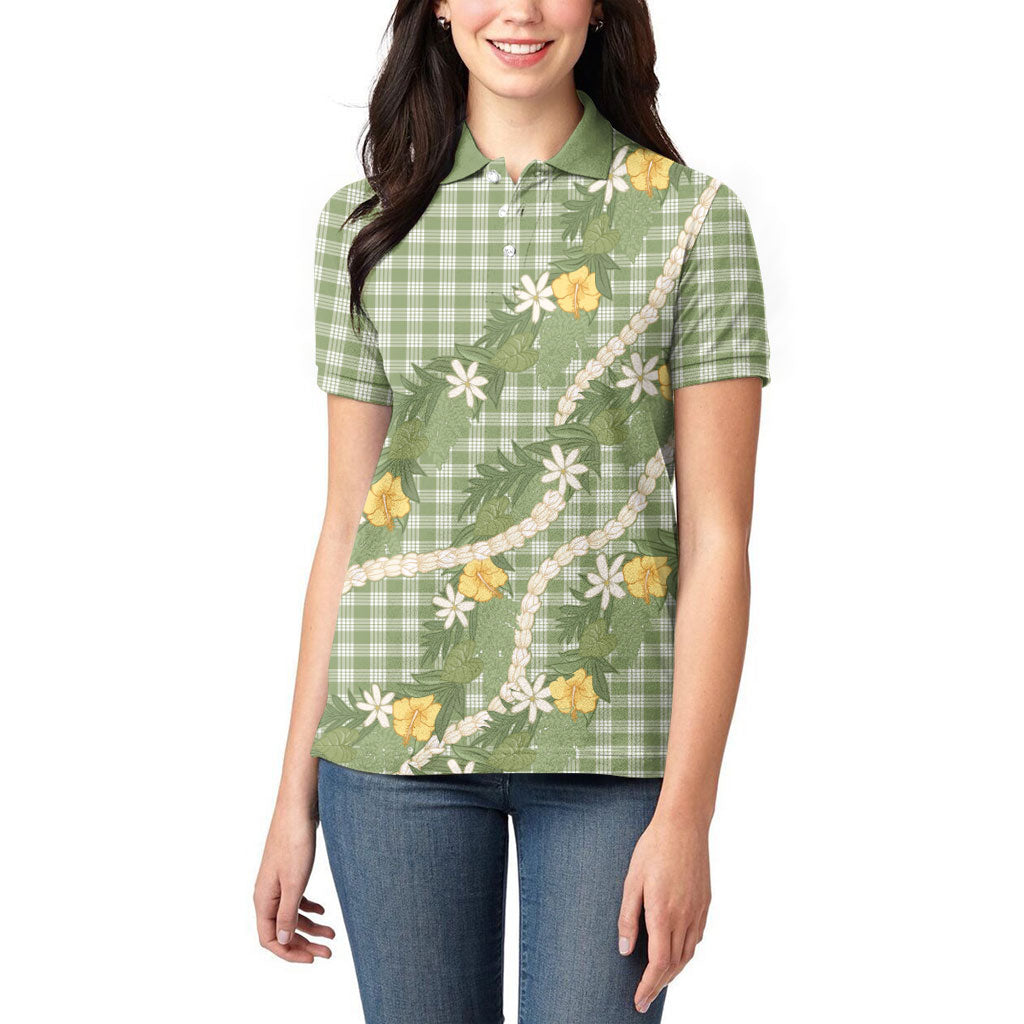 Aloha Puakenikeni Anthurium Pikake Lei Women Polo Shirt Green Hawaiian Palaka Pattern