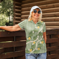 Aloha Puakenikeni Anthurium Pikake Lei Women Polo Shirt Green Hawaiian Palaka Pattern