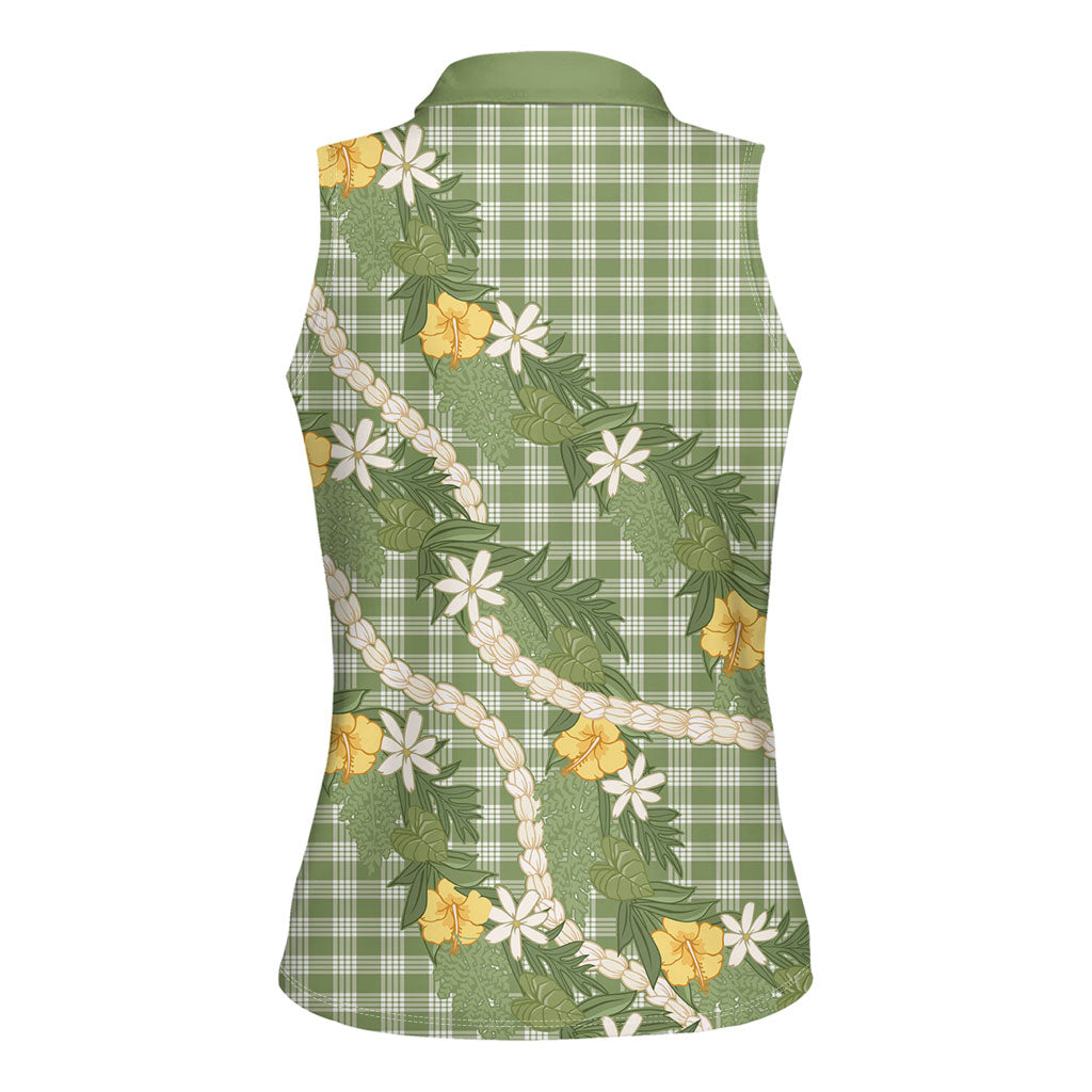 Aloha Puakenikeni Anthurium Pikake Lei Women Sleeveless Polo Shirt Green Hawaiian Palaka Pattern