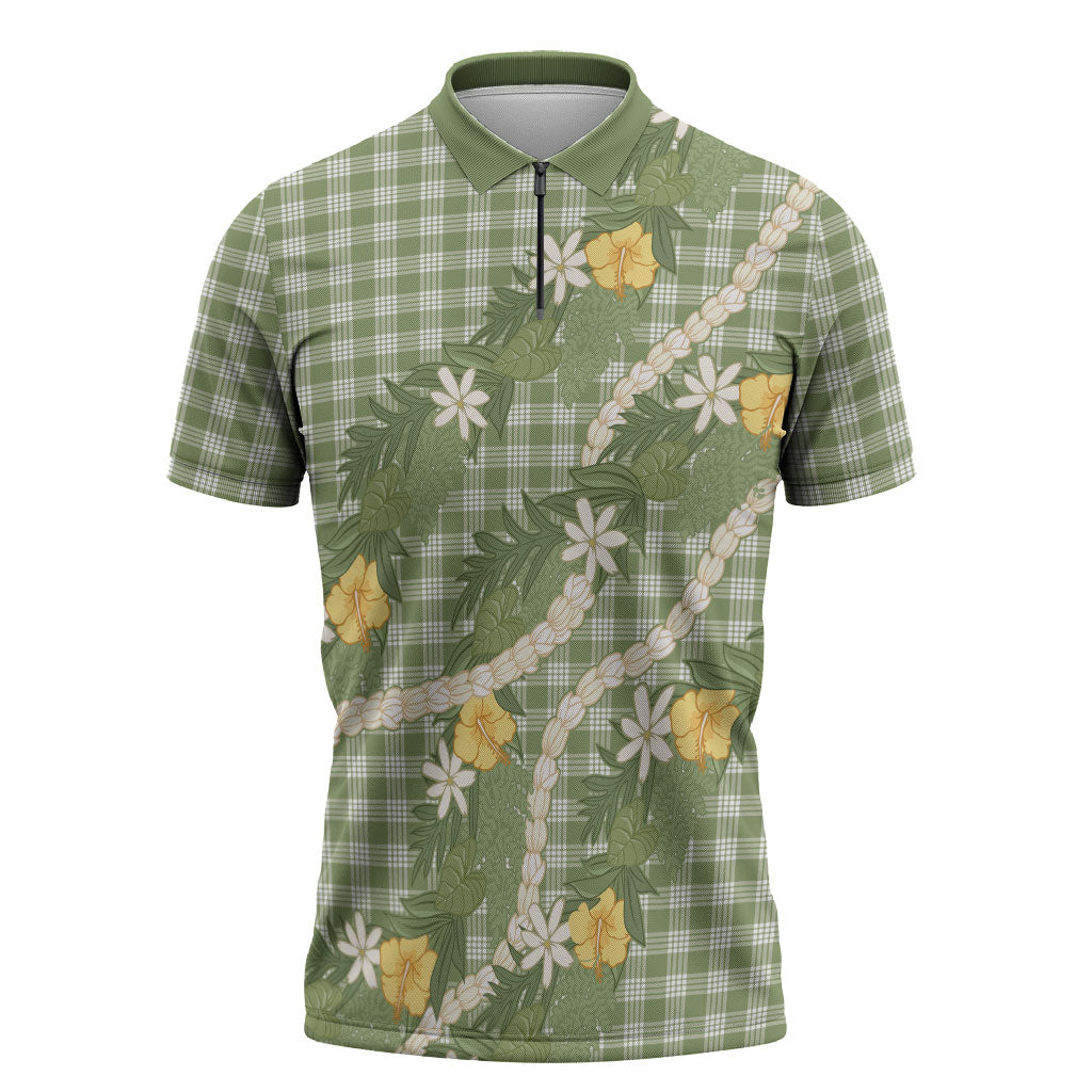 Aloha Puakenikeni Anthurium Pikake Lei Zipper Polo Shirt Green Hawaiian Palaka Pattern