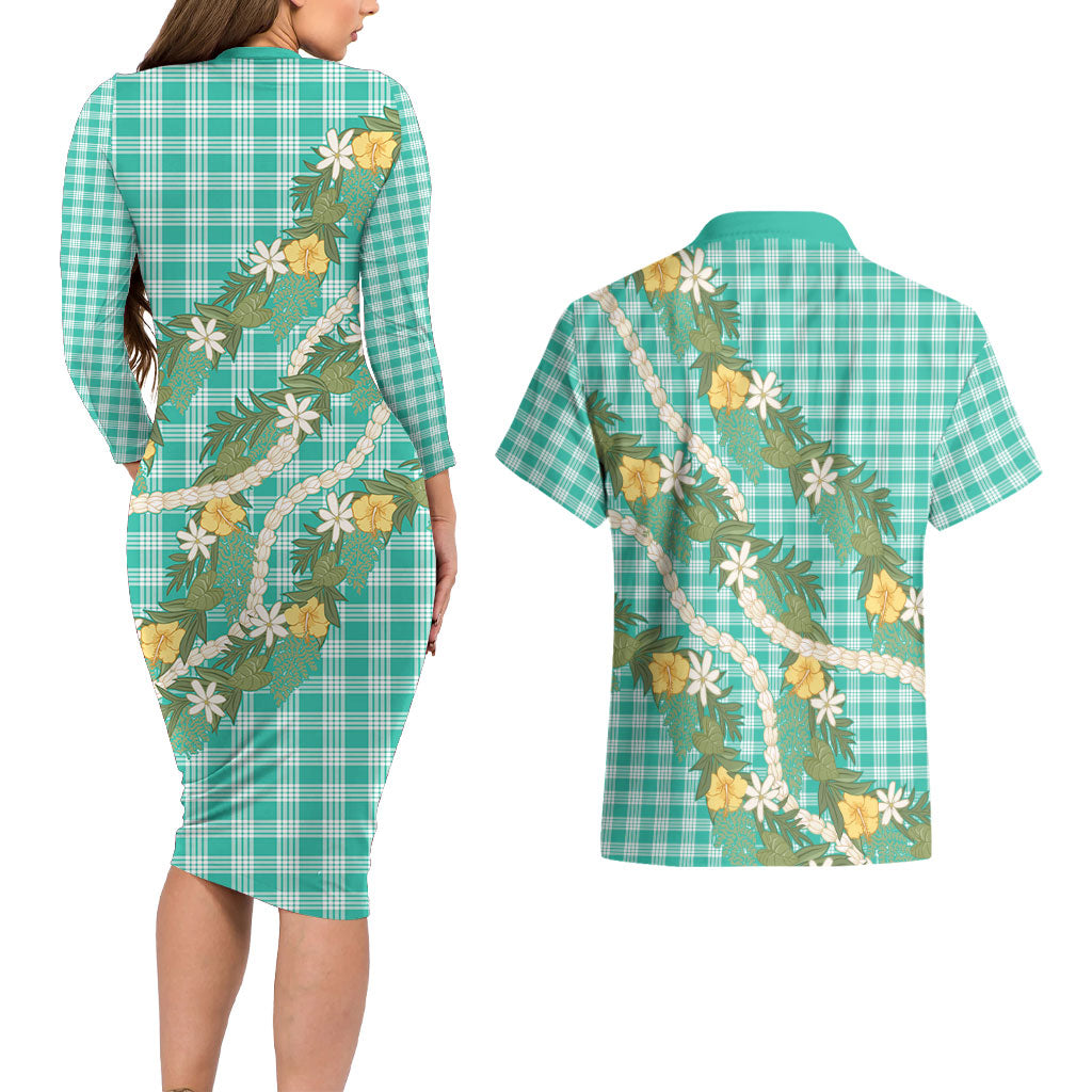 Aloha Puakenikeni Anthurium Pikake Lei Couples Matching Long Sleeve Bodycon Dress and Hawaiian Shirt Marine Hawaiian Palaka Pattern