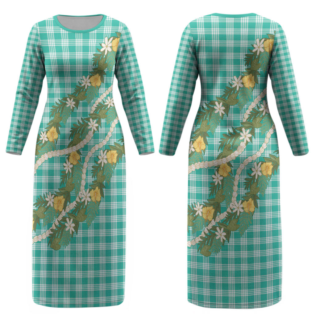 Aloha Puakenikeni Anthurium Pikake Lei Couples Matching Long Sleeve Bodycon Dress and Hawaiian Shirt Marine Hawaiian Palaka Pattern LT9 - Polynesian Pride