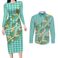 Aloha Puakenikeni Anthurium Pikake Lei Couples Matching Long Sleeve Bodycon Dress and Long Sleeve Button Shirt Marine Hawaiian Palaka Pattern