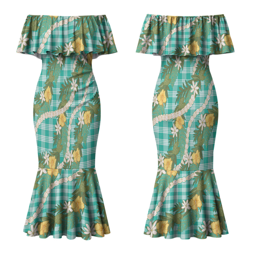 Aloha Puakenikeni Anthurium Pikake Lei Couples Matching Mermaid Dress and Hawaiian Shirt Marine Hawaiian Palaka Pattern LT9 - Polynesian Pride