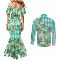 Aloha Puakenikeni Anthurium Pikake Lei Couples Matching Mermaid Dress and Long Sleeve Button Shirt Marine Hawaiian Palaka Pattern
