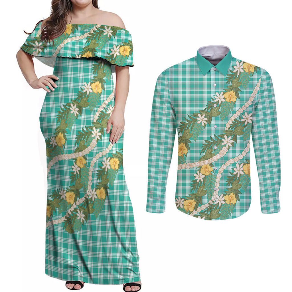 Aloha Puakenikeni Anthurium Pikake Lei Couples Matching Off Shoulder Maxi Dress and Long Sleeve Button Shirt Marine Hawaiian Palaka Pattern