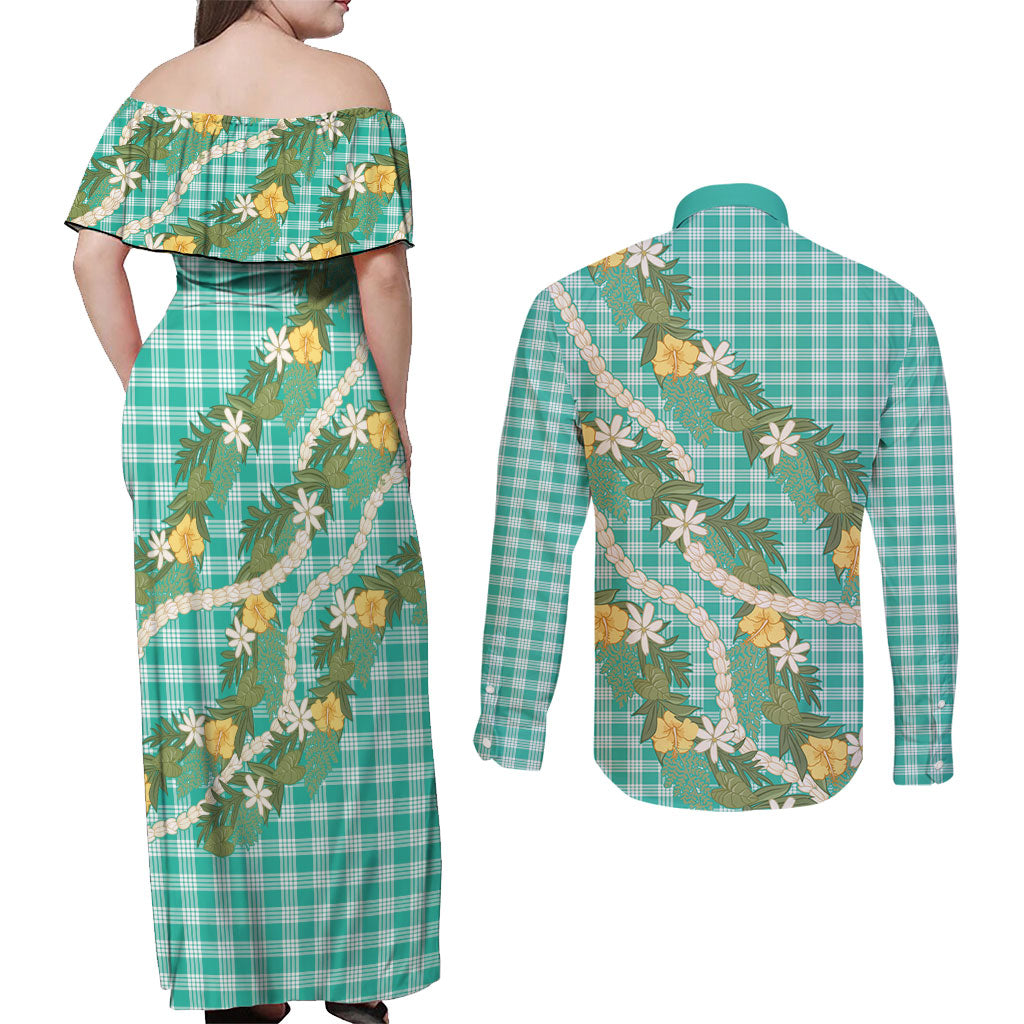 Aloha Puakenikeni Anthurium Pikake Lei Couples Matching Off Shoulder Maxi Dress and Long Sleeve Button Shirt Marine Hawaiian Palaka Pattern