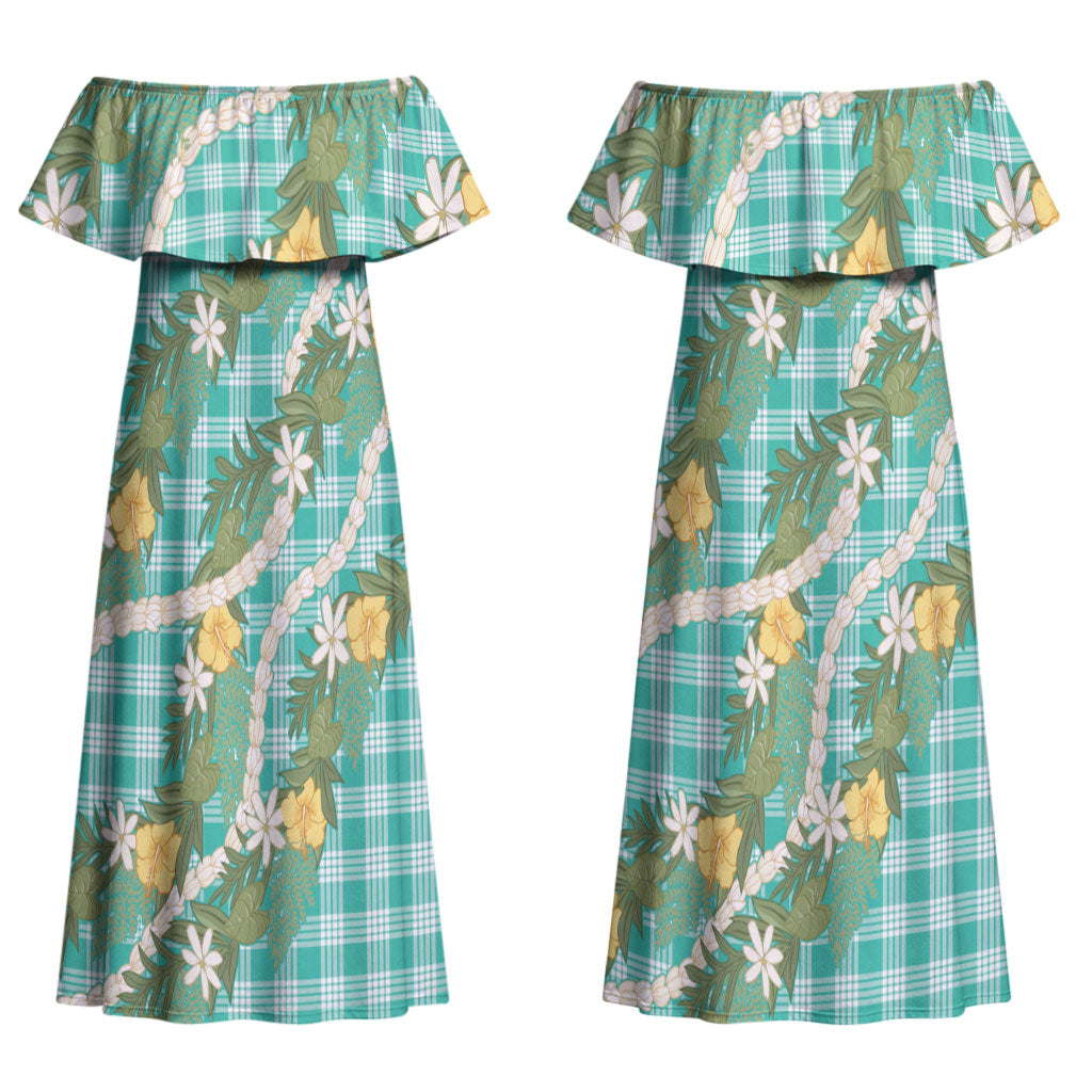 Aloha Puakenikeni Anthurium Pikake Lei Couples Matching Off Shoulder Maxi Dress and Long Sleeve Button Shirt Marine Hawaiian Palaka Pattern LT9 - Polynesian Pride