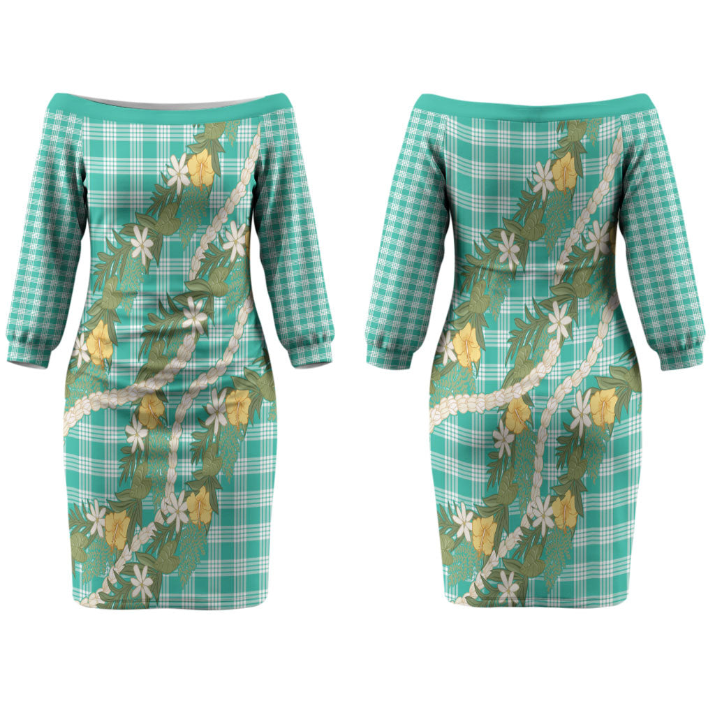 Aloha Puakenikeni Anthurium Pikake Lei Couples Matching Off The Shoulder Long Sleeve Dress and Hawaiian Shirt Marine Hawaiian Palaka Pattern LT9 - Polynesian Pride