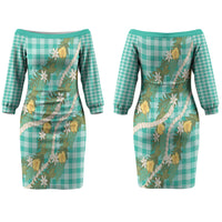 Aloha Puakenikeni Anthurium Pikake Lei Couples Matching Off The Shoulder Long Sleeve Dress and Hawaiian Shirt Marine Hawaiian Palaka Pattern LT9 - Polynesian Pride