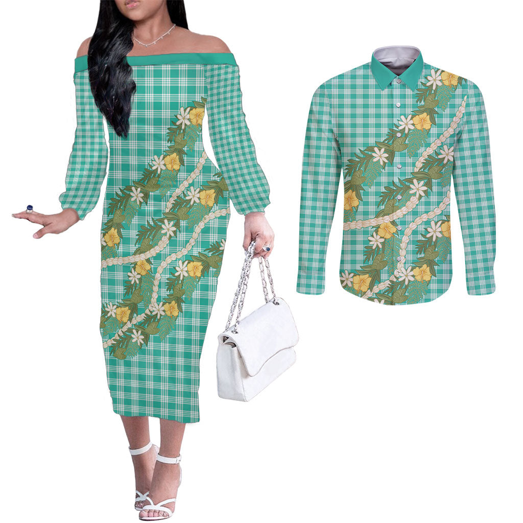 Aloha Puakenikeni Anthurium Pikake Lei Couples Matching Off The Shoulder Long Sleeve Dress and Long Sleeve Button Shirt Marine Hawaiian Palaka Pattern