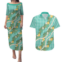 Aloha Puakenikeni Anthurium Pikake Lei Couples Matching Puletasi and Hawaiian Shirt Marine Hawaiian Palaka Pattern