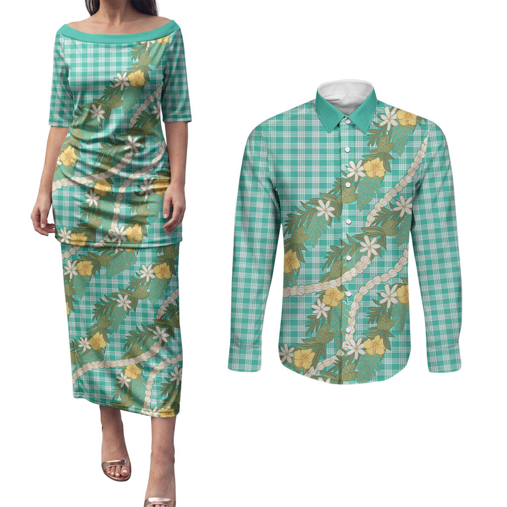 Aloha Puakenikeni Anthurium Pikake Lei Couples Matching Puletasi and Long Sleeve Button Shirt Marine Hawaiian Palaka Pattern LT9 Marine - Polynesian Pride
