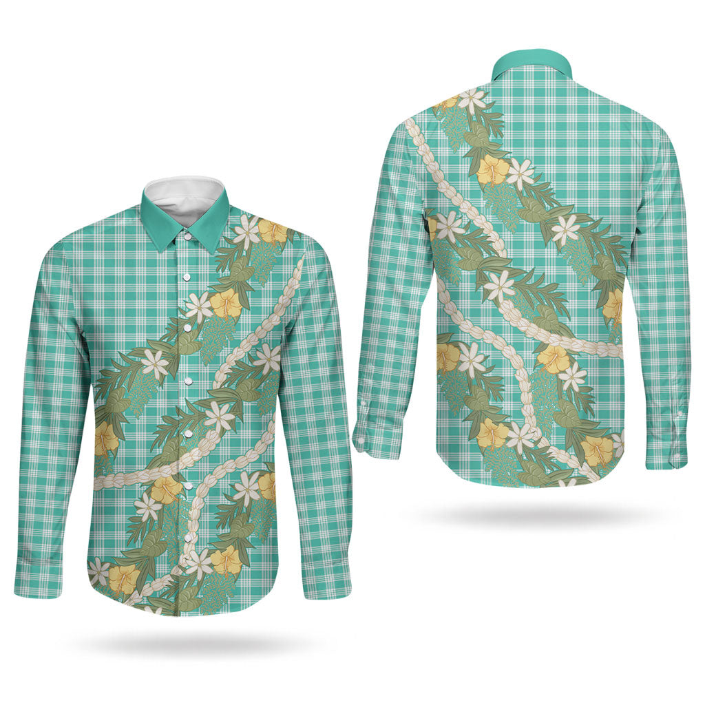 Aloha Puakenikeni Anthurium Pikake Lei Couples Matching Puletasi and Long Sleeve Button Shirt Marine Hawaiian Palaka Pattern LT9 - Polynesian Pride