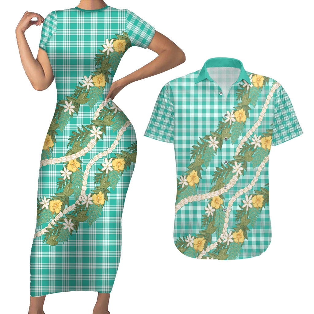 Aloha Puakenikeni Anthurium Pikake Lei Couples Matching Short Sleeve Bodycon Dress and Hawaiian Shirt Marine Hawaiian Palaka Pattern