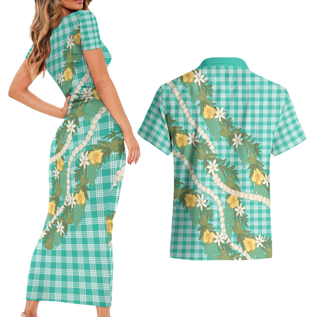 Aloha Puakenikeni Anthurium Pikake Lei Couples Matching Short Sleeve Bodycon Dress and Hawaiian Shirt Marine Hawaiian Palaka Pattern
