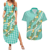 Aloha Puakenikeni Anthurium Pikake Lei Couples Matching Summer Maxi Dress and Hawaiian Shirt Marine Hawaiian Palaka Pattern