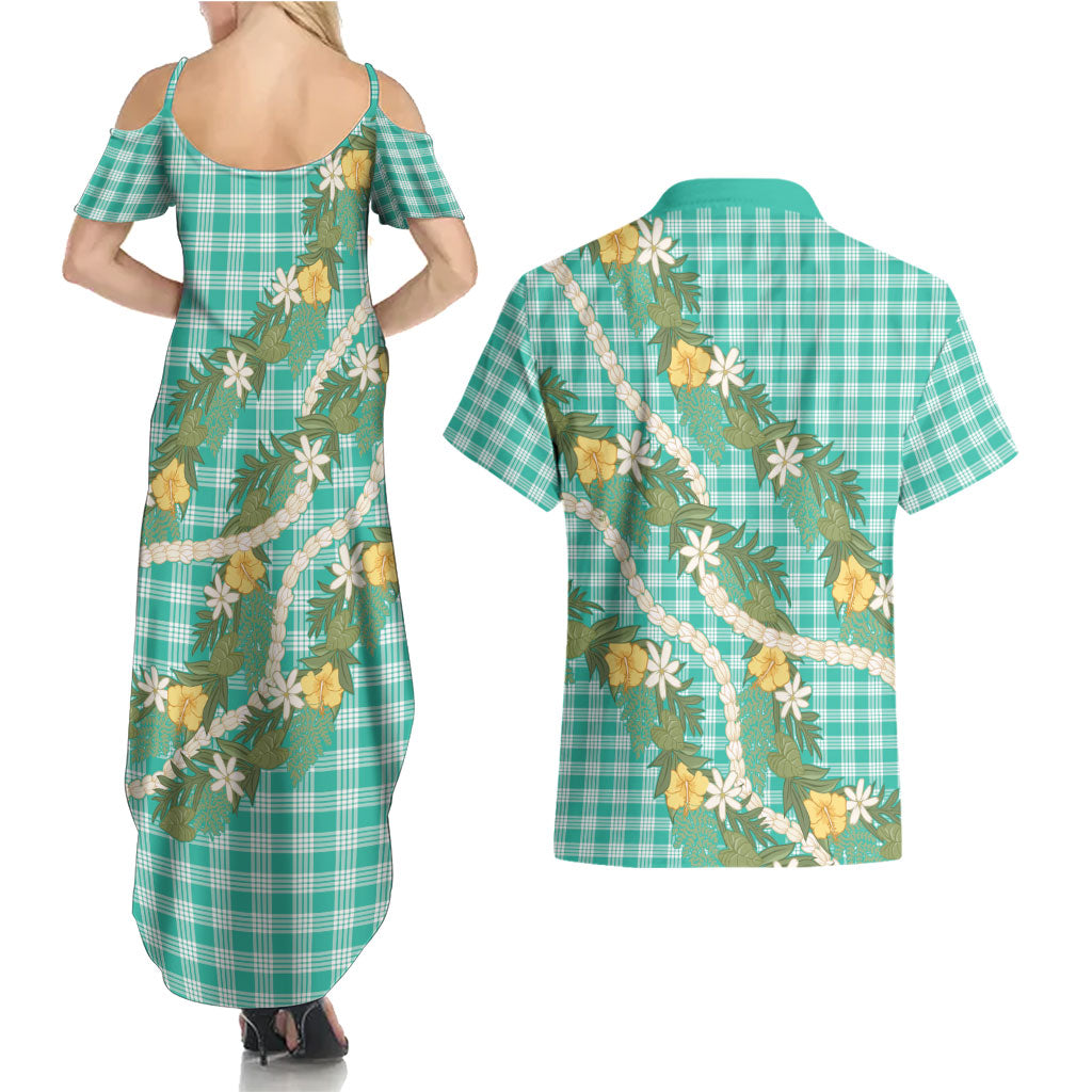 Aloha Puakenikeni Anthurium Pikake Lei Couples Matching Summer Maxi Dress and Hawaiian Shirt Marine Hawaiian Palaka Pattern